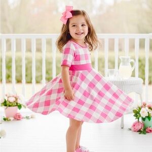 Girls Pink and White Plaid Checkered Dress Pink Preppy girls twirl dress pockets